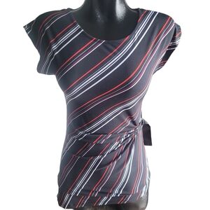 Suzy Shier Diagonal Striped Black and Red Short Sleeve Top XS